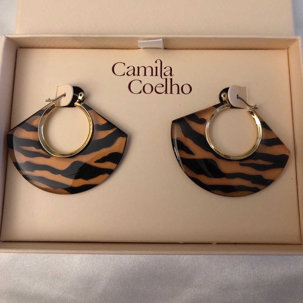 Camila Coelho Gold Tone & Tiger Print Abstract Fan Shaped Hoop Earrings NIB